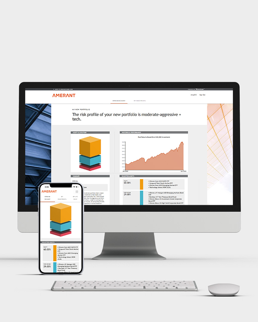 A monitor and mobile phone showing the Amerant Smart Portfolio webpage.