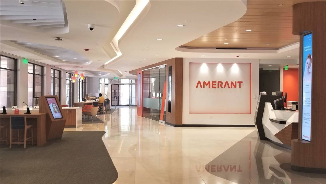 The welcoming lobby interior of an Amerant Banking Center.